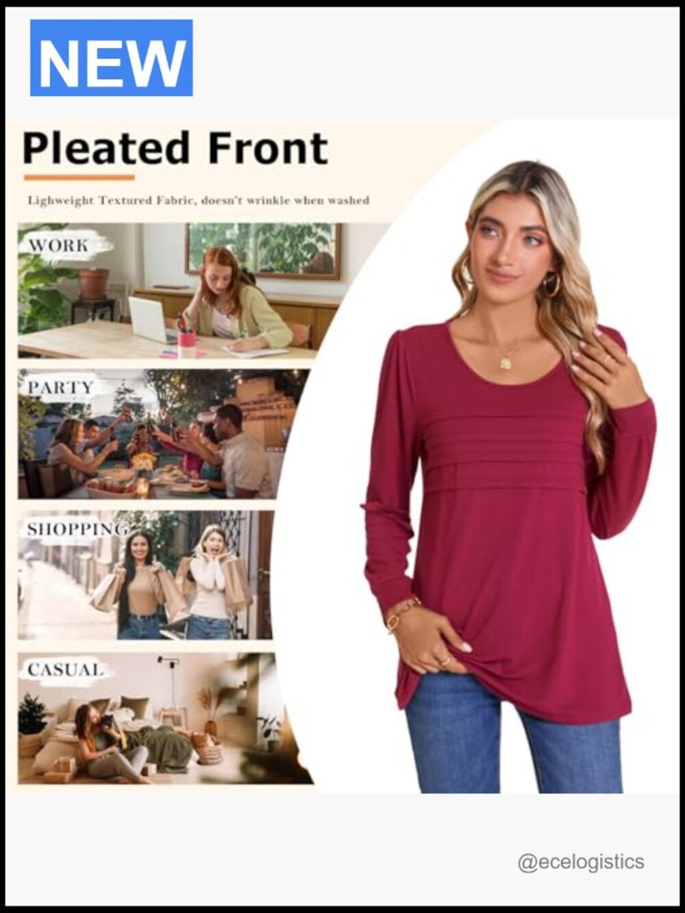 Long Sleeve Tunic Blouse Pleated Dressy Casual Top for Leggings - Picture 4 of 6